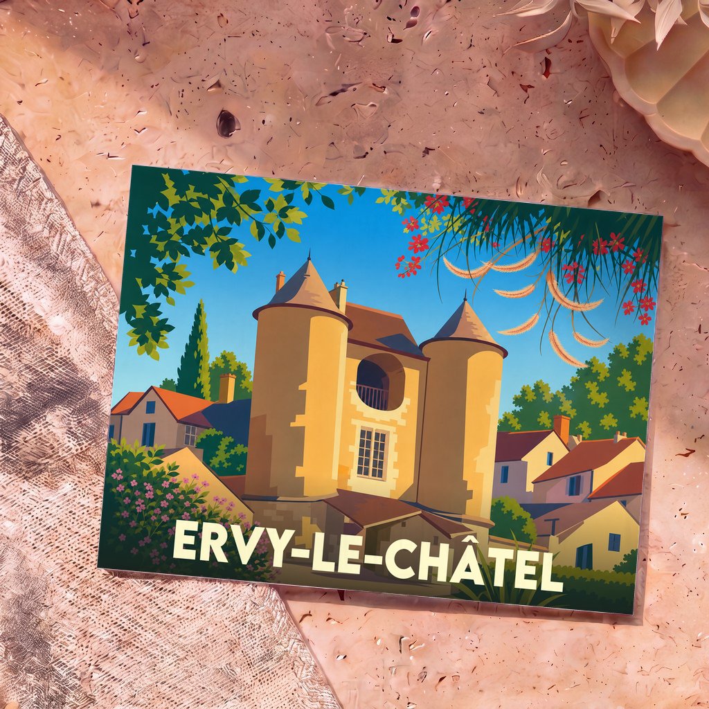 Carte postale souvenir de la ville d'Ervy-le-Châtel avec une illustration stylisée de sa porte médiévale.