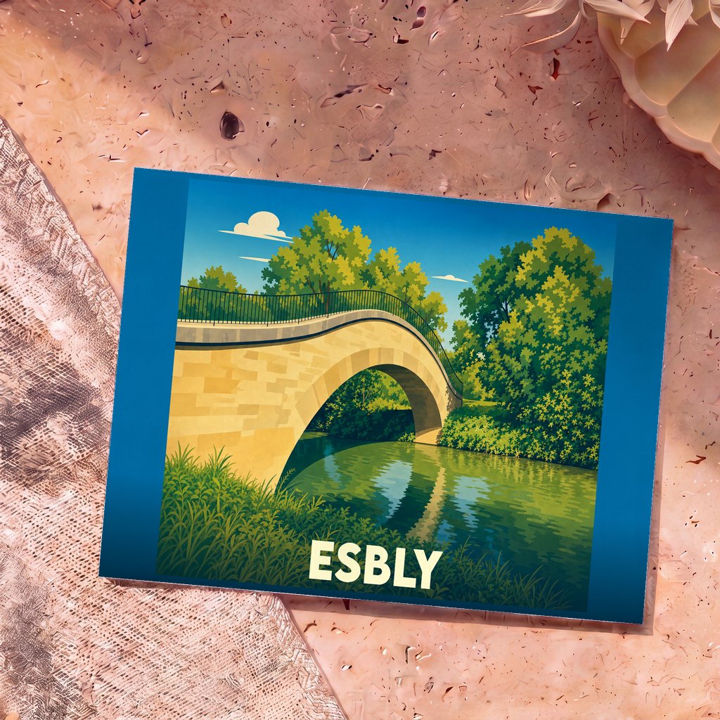 Carte postale souvenir de la ville d'Esbly illustrant un pont en pierre surplombant une rivière dans un style graphique épuré.