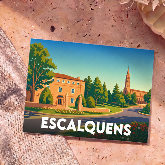 Carte postale souvenir de la ville d'Escalquens avec une illustration stylisée et colorée de ses monuments.