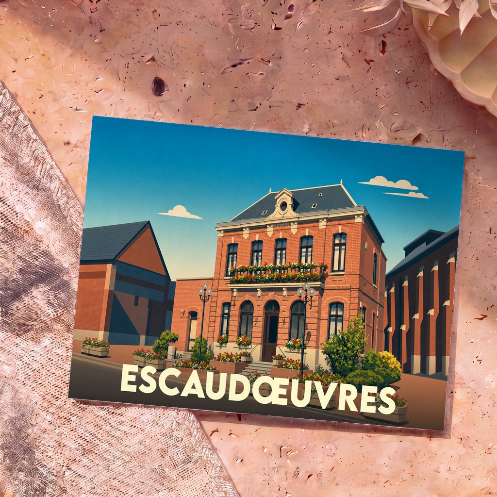 Carte postale souvenir de la ville d'Escaudœuvres avec une illustration stylisée de son hôtel de ville en briques.
