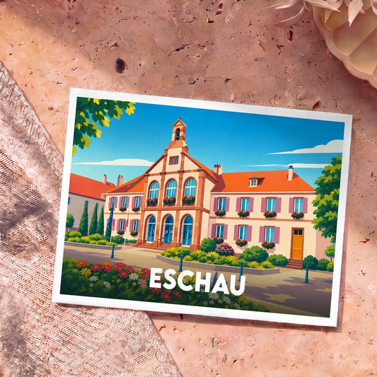 Carte postale souvenir de la ville d'Eschau avec une illustration stylisée de son hôtel de ville fleuri.