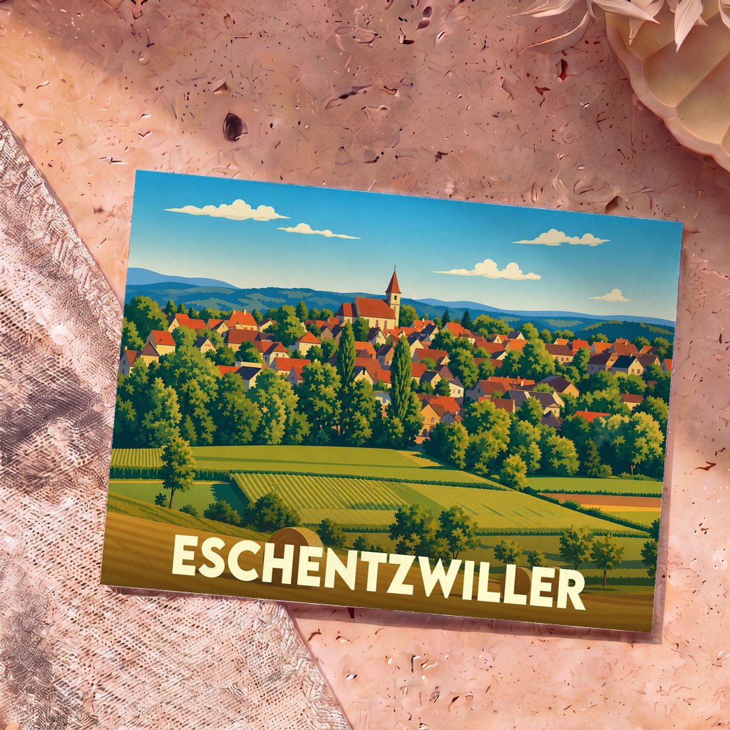 Carte postale souvenir de la ville d'Eschentzwiller avec une illustration stylisée et colorée du village.