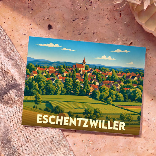 Carte postale souvenir de la ville d'Eschentzwiller avec une illustration stylisée et colorée du village.