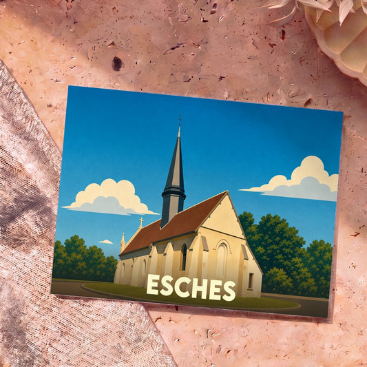 Carte postale souvenir de la ville de Esches illustrant son église dans un style graphique épuré.