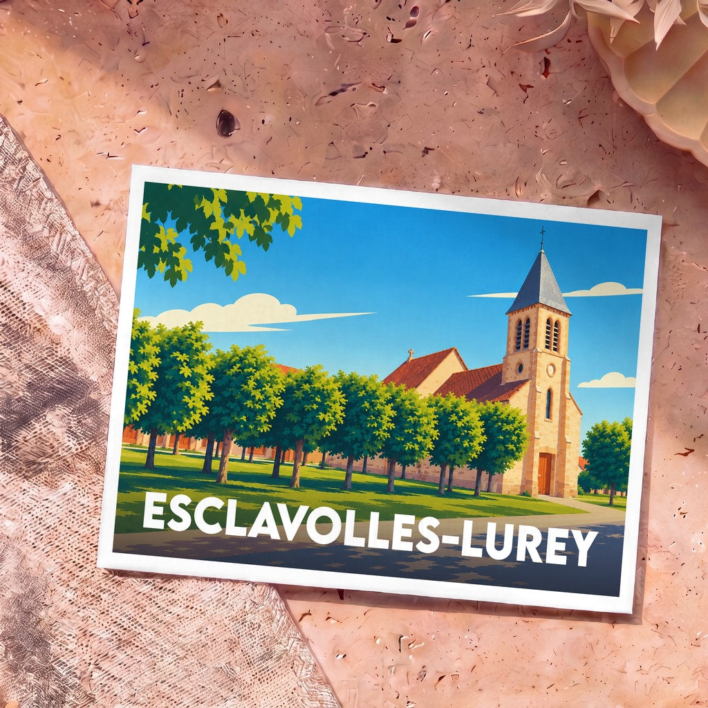 Carte postale souvenir de la ville d'Esclavolles-Lurey avec une illustration stylisée de son église et d'une allée d'arbres.