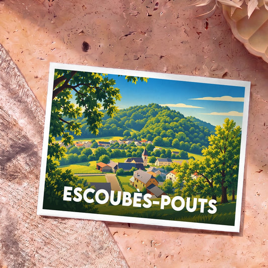 Carte postale souvenir de la commune d'Escoubès-Pouts présentant une illustration stylisée d'un village niché dans une vallée verdoyante.