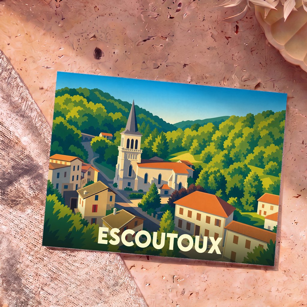 Carte postale souvenir de la ville d'Escoutoux avec une illustration stylisée d'un village vallonné.
