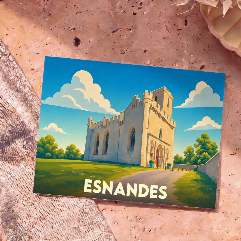 Carte postale souvenir de la ville d'Esnandes illustrant son église fortifiée dans un style graphique et coloré.