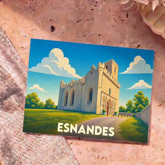 Carte postale souvenir de la ville d'Esnandes illustrant son église fortifiée dans un style graphique et coloré.