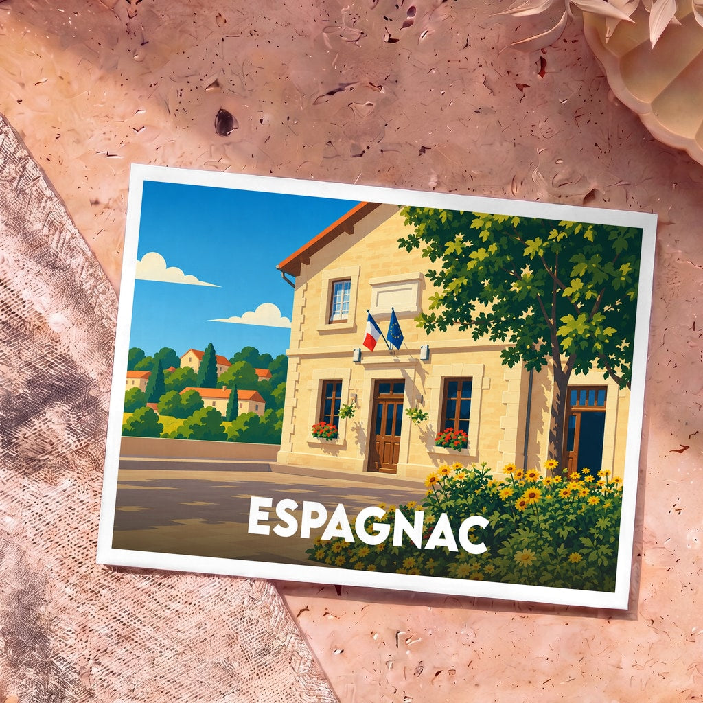 Carte postale souvenir de la ville d'Espagnac avec une illustration stylisée d'une mairie typique.
