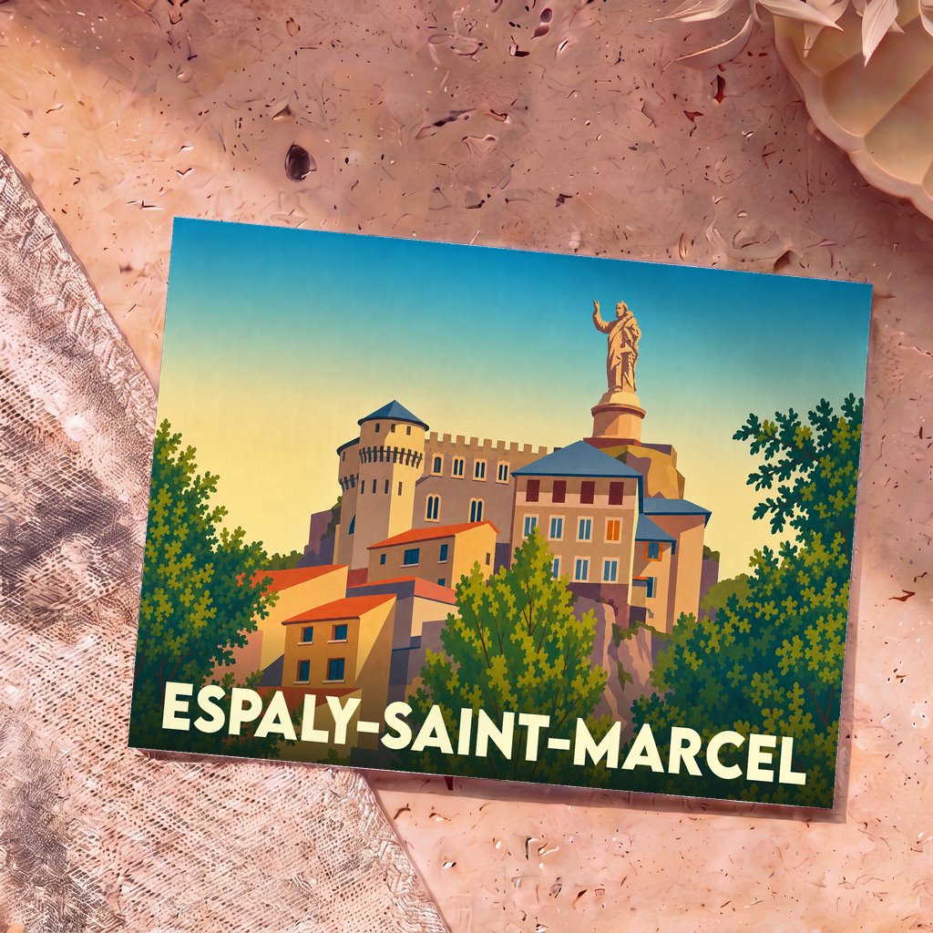 Carte postale souvenir de la ville d'Espaly-Saint-Marcel illustrant son sanctuaire et sa statue monumentale dans un style rétro.