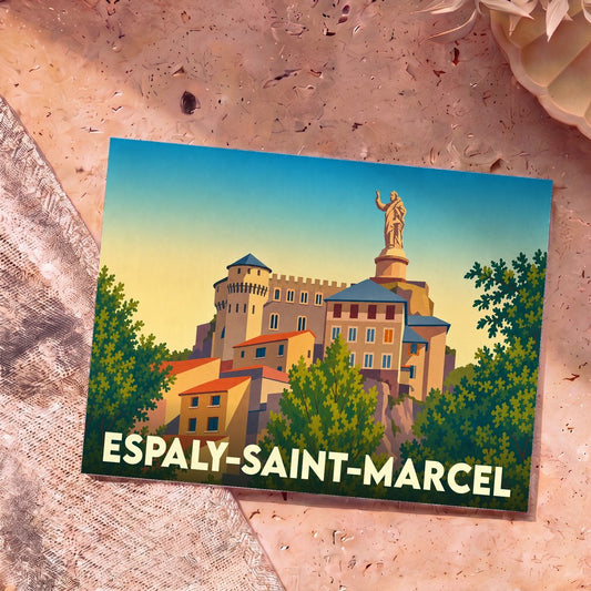 Carte postale souvenir de la ville d'Espaly-Saint-Marcel illustrant son sanctuaire et sa statue monumentale dans un style rétro.