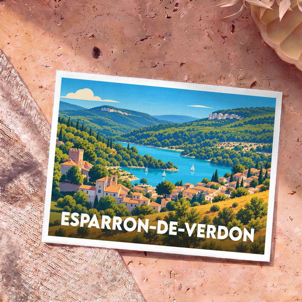 Carte postale souvenir d'Esparron-de-Verdon présentant une illustration colorée et stylisée du village et de son lac.