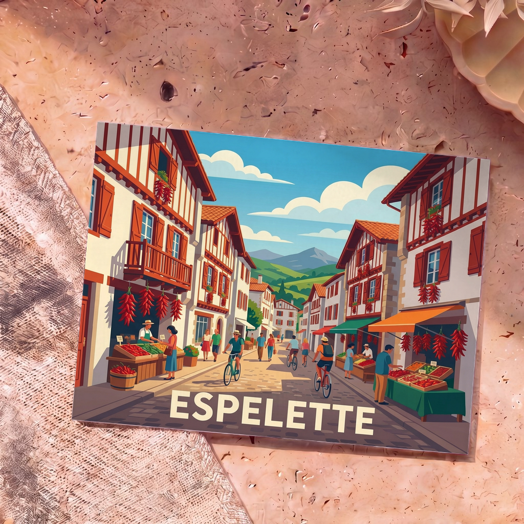 Carte postale souvenir de la ville d'Espelette illustrant une rue pittoresque avec ses façades décorées de piments rouges.