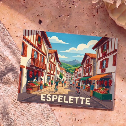 Carte postale souvenir de la ville d'Espelette illustrant une rue pittoresque avec ses façades décorées de piments rouges.