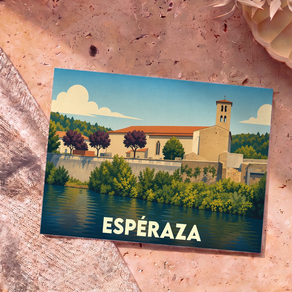 Carte postale souvenir de la ville d'Espéraza avec une illustration stylisée des bords de l'Aude.