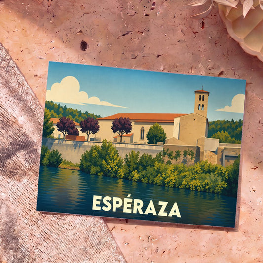 Carte postale souvenir de la ville d'Espéraza avec une illustration stylisée des bords de l'Aude.