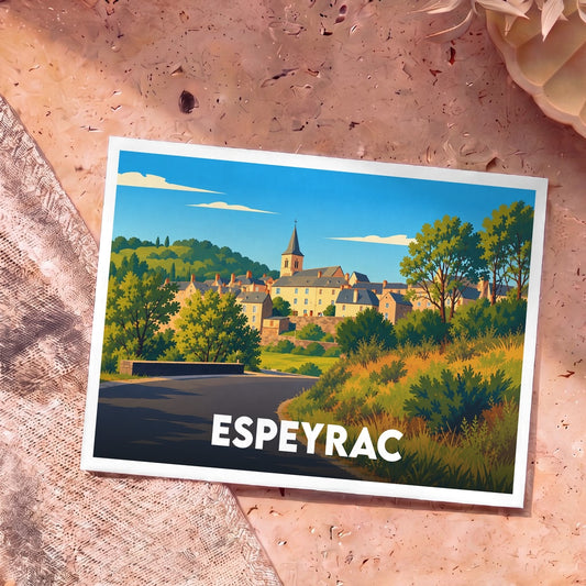 Carte postale souvenir de la ville d'Espeyrac avec une illustration stylisée.