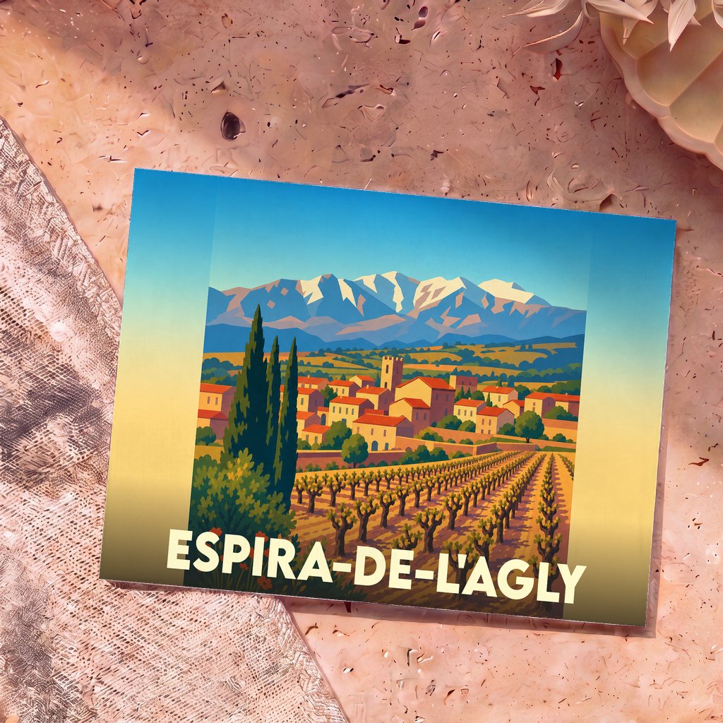 Carte postale souvenir de la ville d'Espira-de-l'Agly avec une illustration stylisée de son paysage viticole et montagneux.