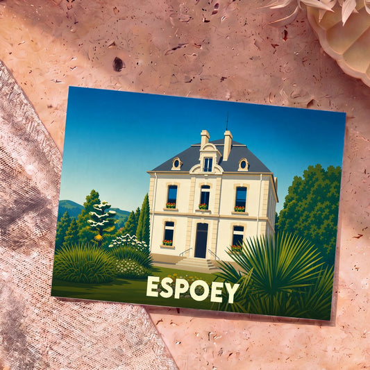Carte postale souvenir de la ville d'Espoey avec une illustration stylisée d'une grande demeure bourgeoise.