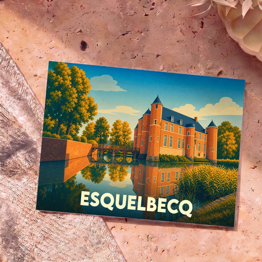 Carte postale souvenir de la ville d'Esquelbecq illustrant son château et ses reflets dans l'eau au style rétro.