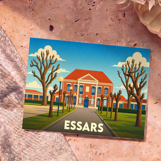 Carte postale souvenir de la ville d'Essars avec une illustration stylisée de sa mairie et de ses arbres.