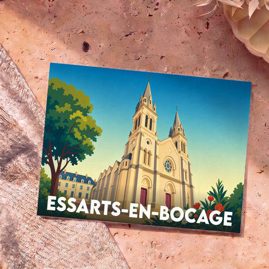 Carte postale souvenir d'Essarts-en-Bocage illustrant son église dans un style graphique épuré.