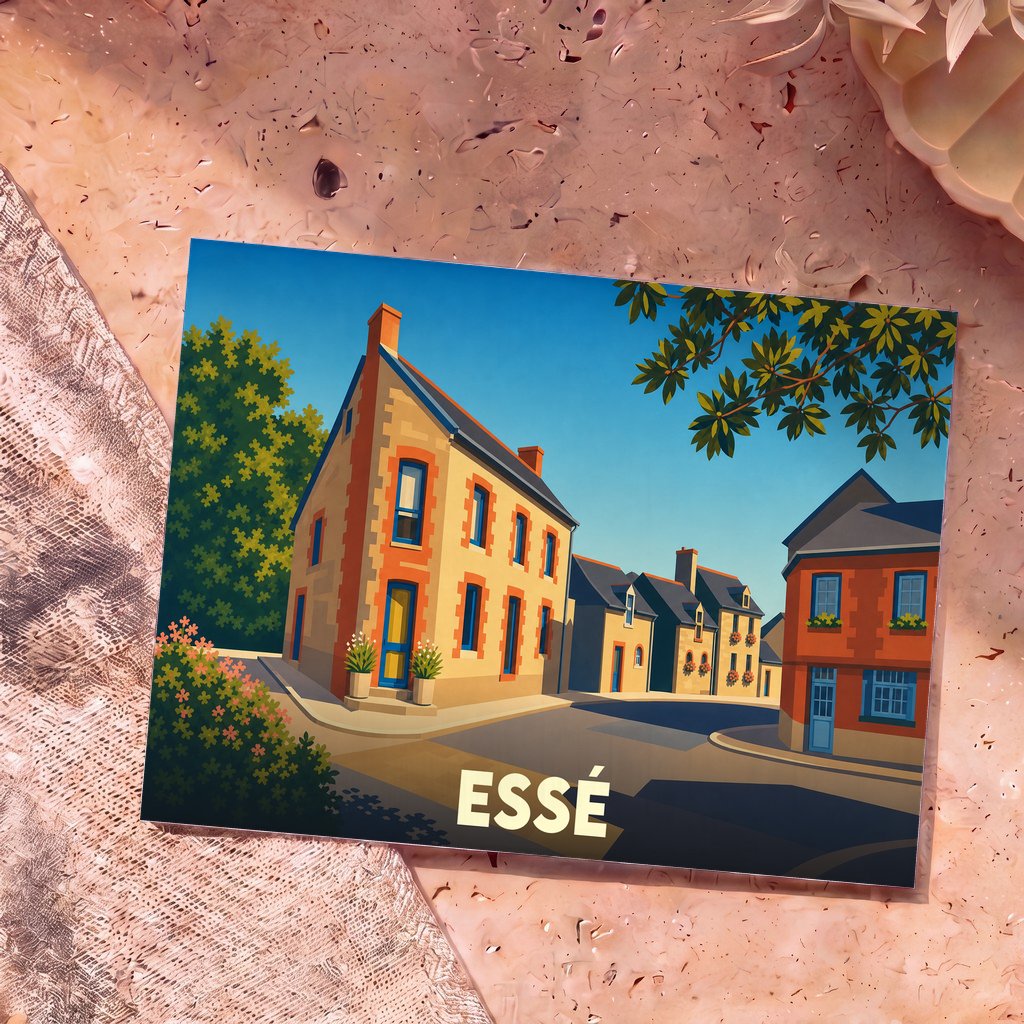 Carte postale souvenir de la ville d'Essé avec une illustration stylisée de ses rues colorées.