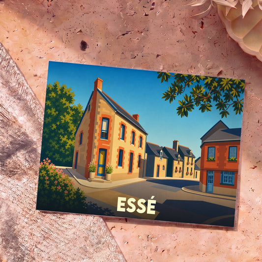 Carte postale souvenir de la ville d'Essé avec une illustration stylisée de ses rues colorées.