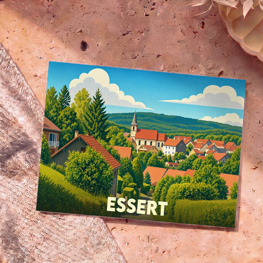 Carte postale souvenir de la ville d'Essert avec une illustration stylisée d'un village verdoyant sous un ciel bleu.