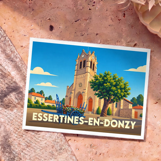Carte postale souvenir de la ville d'Essertines-en-Donzy avec une illustration stylisée de son église et d'une charrette fleurie.
