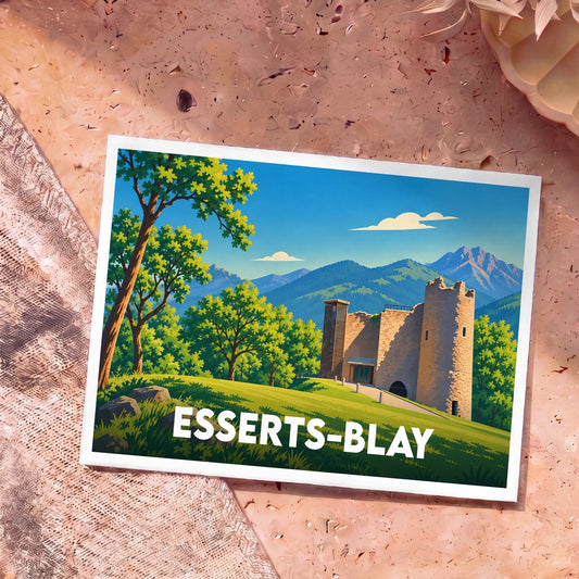 Carte postale souvenir de la ville d'Esserts-Blay avec une illustration stylisée de son château et des montagnes environnantes.