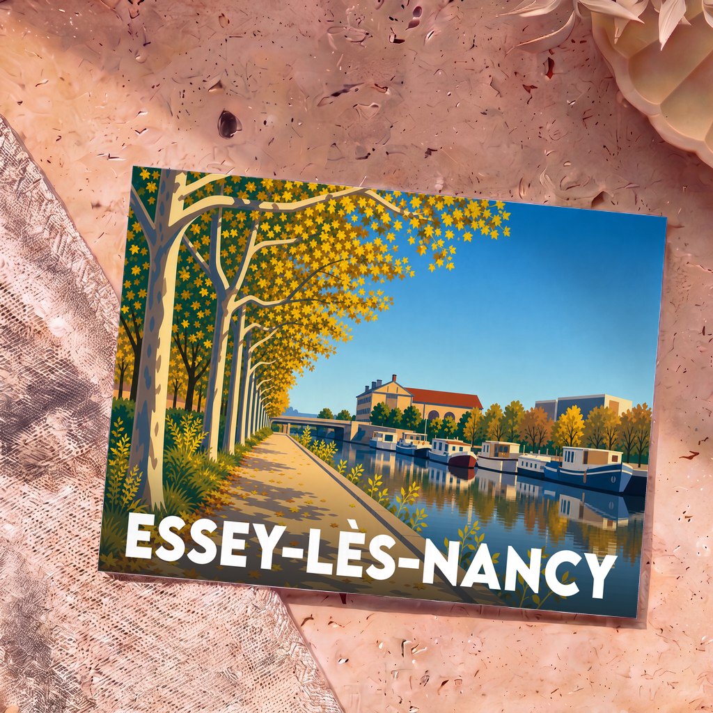 Carte postale souvenir de la ville d'Essey-lès-Nancy illustrant un canal bordé d'arbres en automne et de péniches.