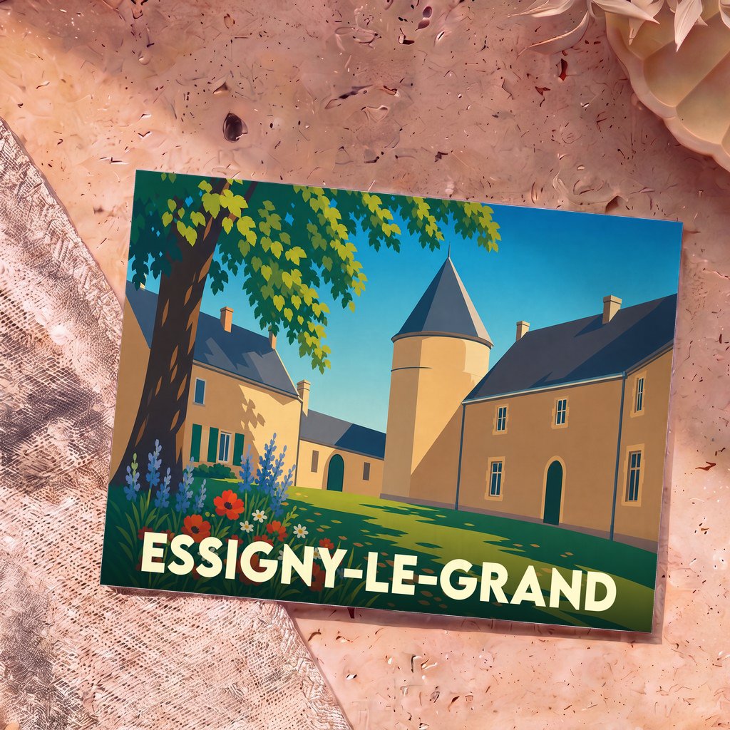 Carte postale souvenir d'Essigny-le-Grand illustrant son château et ses jardins dans un style graphique épuré.