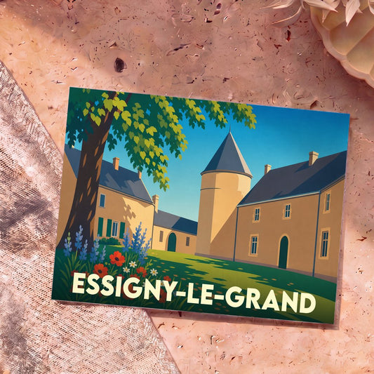 Carte postale souvenir d'Essigny-le-Grand illustrant son château et ses jardins dans un style graphique épuré.
