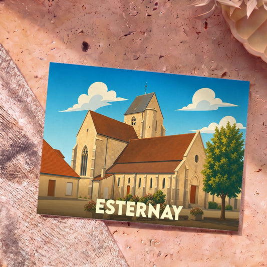 Carte postale souvenir de la ville d'Esternay arborant une illustration stylisée de son église sous un ciel bleu.
