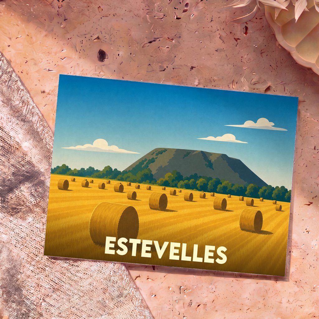Carte postale souvenir de la ville d'Estevelles illustrant un champ de ballots de paille devant un terril.