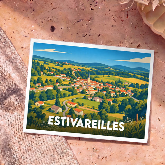 Carte postale souvenir de la ville d'Estivareilles avec une illustration stylisée de son paysage vallonné.
