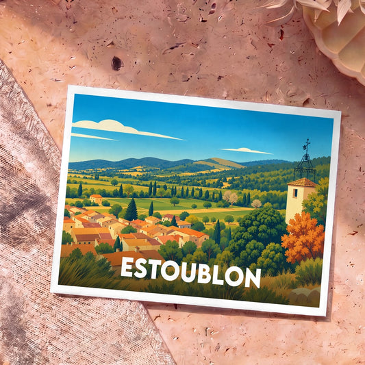 Carte postale souvenir de la ville de Estoublon arborant une illustration stylisée de son paysage provençal.