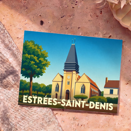 Carte postale souvenir de la ville d'Estrées-Saint-Denis avec une illustration stylisée de son église.