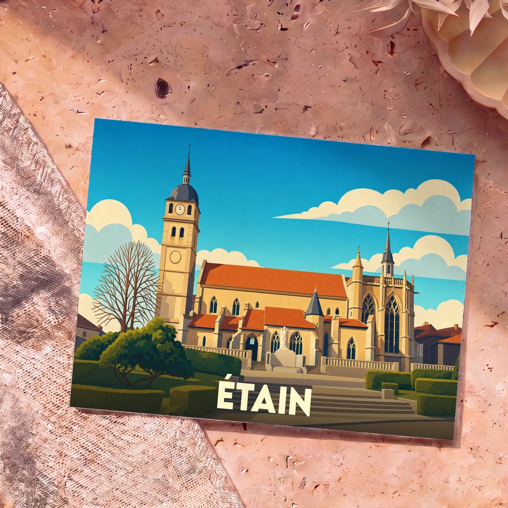 Carte postale souvenir de la ville d'Étain illustrant son église dans un style graphique épuré.