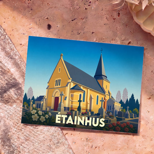 Carte postale souvenir de la ville d'Étainhus avec une illustration stylisée de son église et de son cimetière.
