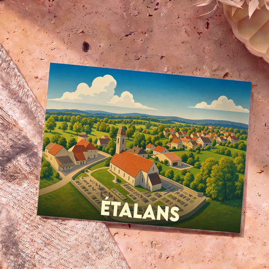 Carte postale souvenir de la ville d'Étalans avec une illustration stylisée d'un village verdoyant.