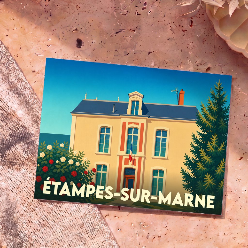 Carte postale souvenir de la ville d'Étampes-sur-Marne avec une illustration stylisée de sa mairie.