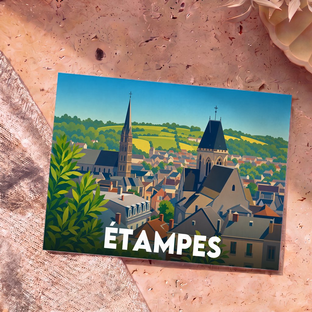 Carte postale souvenir de la ville d'Étampes présentant une illustration stylisée de ses églises et de ses toits.