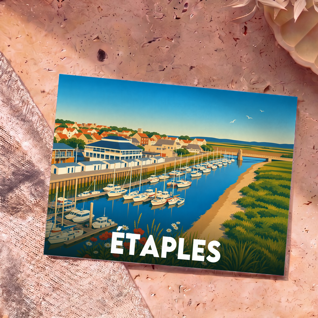 Carte postale souvenir de la ville d'Étaples avec une illustration stylisée de son port de plaisance.