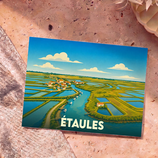 Carte postale souvenir de la ville d'Étaules illustrant ses marais salants dans un style graphique et coloré.