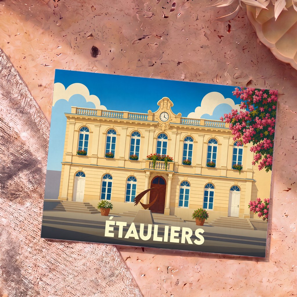 Carte postale souvenir de la ville de Étauliers avec une illustration stylisée de sa mairie.