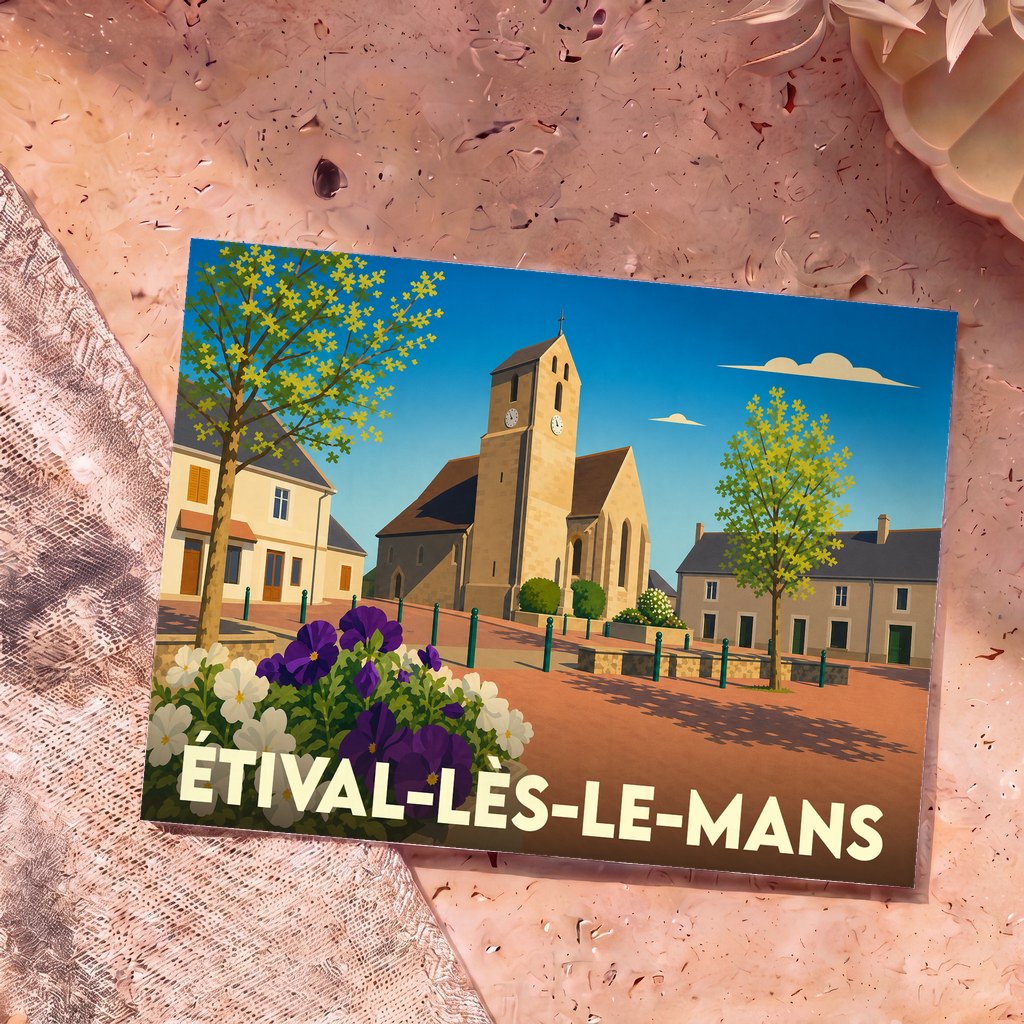 Carte postale souvenir de la ville d'Étival-lès-le-Mans avec une illustration stylisée de son église et de sa place fleurie.