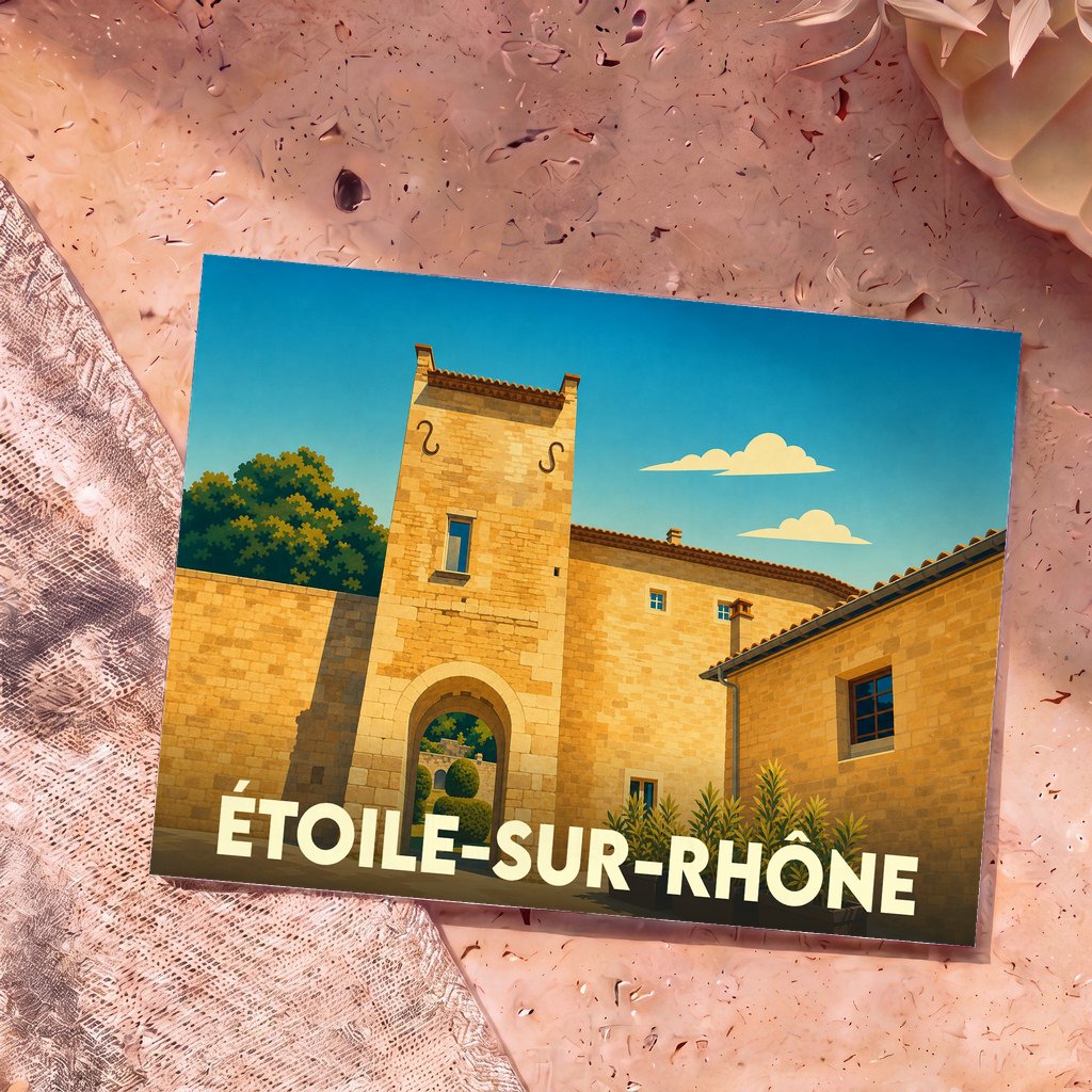 Carte postale souvenir de la ville de Étoile-sur-Rhône avec une illustration stylisée d'une porte fortifiée médiévale.